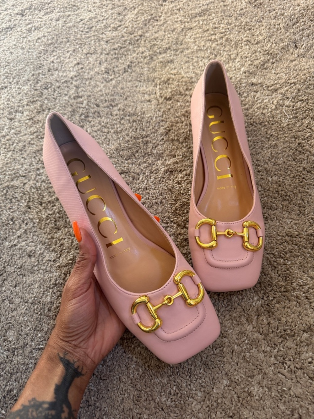 Gucci Blush Pink Horsebit Square Toe Pumps